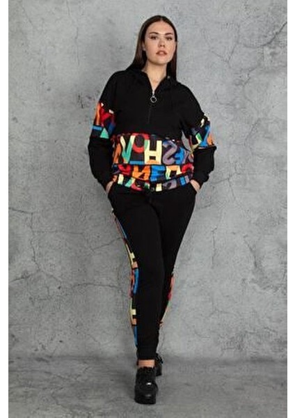 Kapşonlu Fermuar ve Baskı Detaylı Kuşgözlü Sweatshirt Pantolon Takım 26A19562