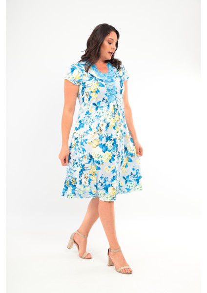 Kadın Yakası Güpürlü A Kesim Yarım Kol Viskon Günlük Midi Boy Büyük Beden Desenli Elbise Gecelik