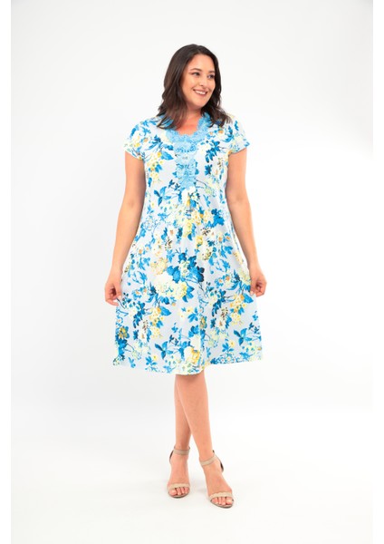 Kadın Yakası Güpürlü A Kesim Yarım Kol Viskon Günlük Midi Boy Büyük Beden Desenli Elbise Gecelik fiyatları