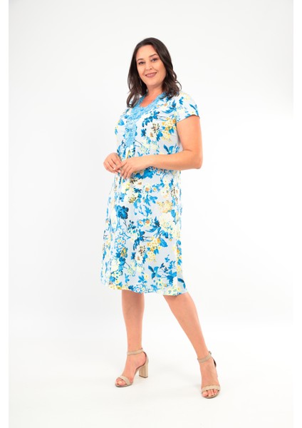 Kadın Yakası Güpürlü A Kesim Yarım Kol Viskon Günlük Midi Boy Büyük Beden Desenli Elbise Gecelik fırsatları