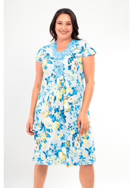 Kadın Yakası Güpürlü A Kesim Yarım Kol Viskon Günlük Midi Boy Büyük Beden Desenli Elbise Gecelik indirimleri