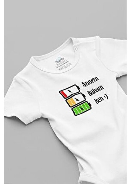 Organik %100 Pamuk Annem Babam Şarj Baskılı Bebek Body Kısa Kolllu Çıtçıtlı Badi Zıbın Tulum 5174