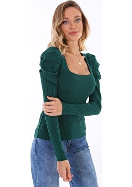 Kadın Zümrüt Yeşili Uzun Kollu Kare Yaka Prenses Kol Kazak Trend Tasarım