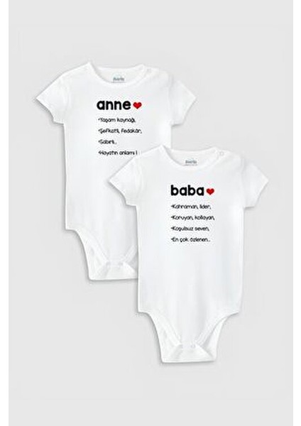 Organik %100 Pamuk Unisex Anne Baba Baskılı 2'li Bebek Body Set Beyaz Çıtçıtlı