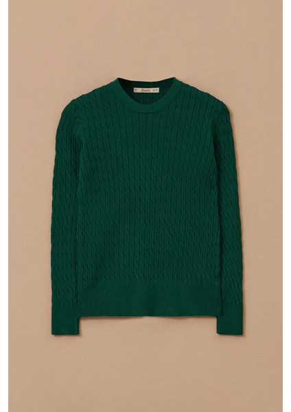 Kadın Örgü Desen Sıfır Yaka Triko Kazak - Yeşil