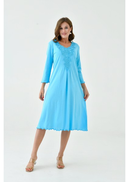 Kadın Yakası Güpürlü A Kesim Yarım Kol Viskon Günlük Midi Boy Büyük Beden Elbise Gecelik