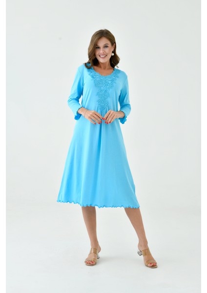 Kadın Yakası Güpürlü A Kesim Yarım Kol Viskon Günlük Midi Boy Büyük Beden Elbise Gecelik fiyatları