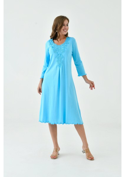 Kadın Yakası Güpürlü A Kesim Yarım Kol Viskon Günlük Midi Boy Büyük Beden Elbise Gecelik modelleri