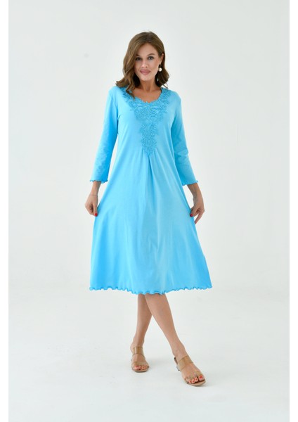 Kadın Yakası Güpürlü A Kesim Yarım Kol Viskon Günlük Midi Boy Büyük Beden Elbise Gecelik indirimleri