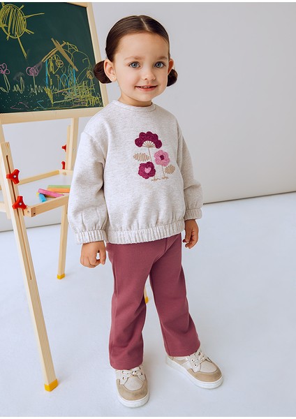 1-4 Yaş Kız Bebek Ikili Takım – Çiçek Detaylı Bej Şardonlu Sweat ve Pembe Bol Paça Tayt