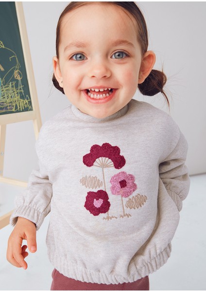 1-4 Yaş Kız Bebek Ikili Takım – Çiçek Detaylı Bej Şardonlu Sweat ve Pembe Bol Paça Tayt fiyatları