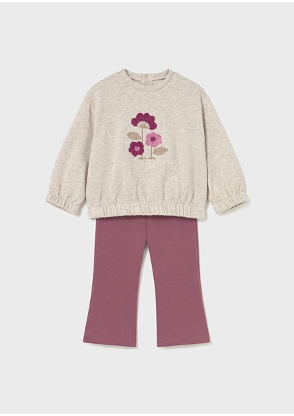 1-4 Yaş Kız Bebek Ikili Takım – Çiçek Detaylı Bej Şardonlu Sweat ve Pembe Bol Paça Tayt fırsatları
