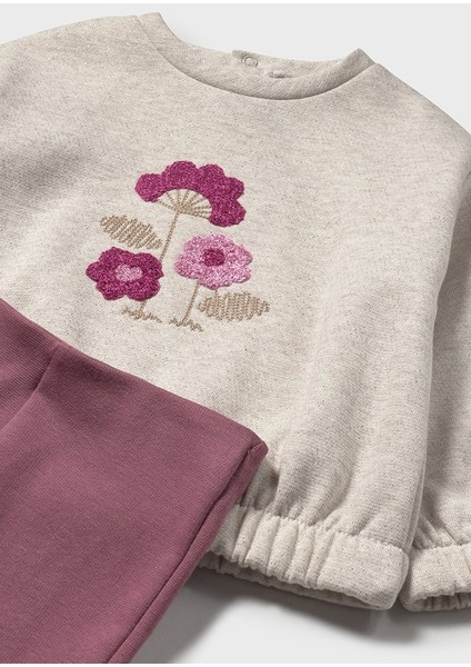 1-4 Yaş Kız Bebek Ikili Takım – Çiçek Detaylı Bej Şardonlu Sweat ve Pembe Bol Paça Tayt