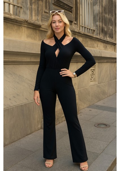 Kadın Asimetrik Yaka Boyundan Bağlamalı Beli Lastikli Boru Paça Tasarım Şık Uzun Kol Siyah Tulum