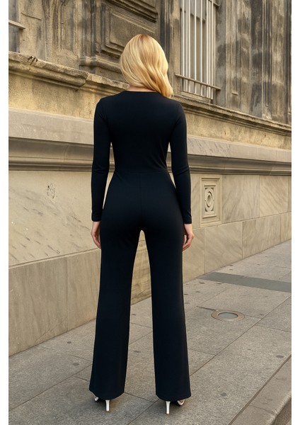 Kadın Asimetrik Yaka Boyundan Bağlamalı Beli Lastikli Boru Paça Tasarım Şık Uzun Kol Siyah Tulum fiyatları