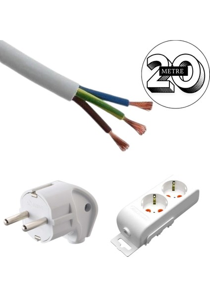 Acaroğlu - 20 Metre 3x2,5mm² Ttr Kablo | Ikili Uzatma Grup Priz fiyatları