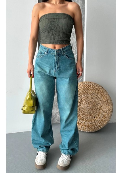 Baggy Taş Enzim Bıyık Yıkama Jeans Pantolon Yeşil Tint D2007 fırsatları