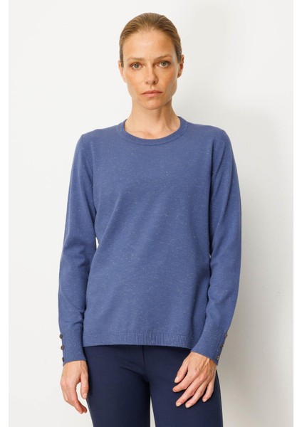 Kadın Sıfır Yaka Yırtmaçlı Yanı Düğmeli Bluz Indigo