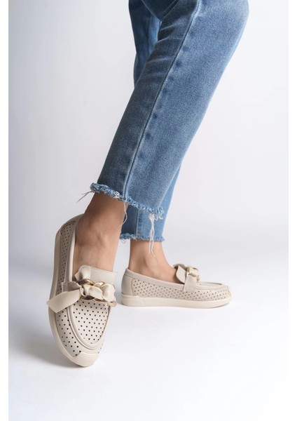 Lydıa Bağcıksız Ortopedik Rahat Taban Kalp Desenli Kadın Babet Ayakkabı Kt - Krem fiyatları