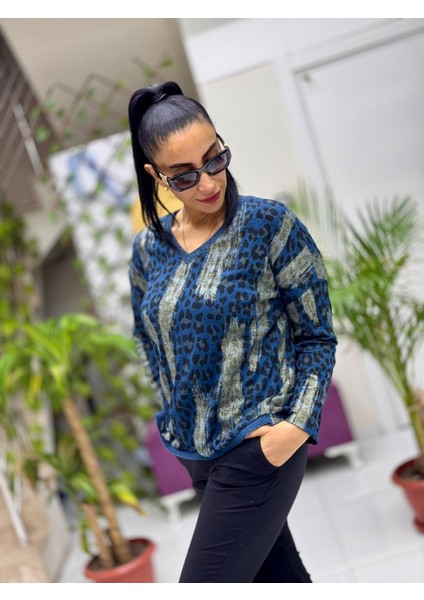 P245010 Italyan Simli Leopar Bluz Lacivert fiyatları