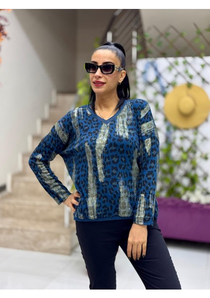 P245010 Italyan Simli Leopar Bluz Lacivert modelleri