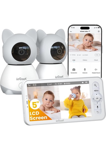 Video Bebek Monitörü 2 Kameralı, 5 Inc Ekran - 2k Hd