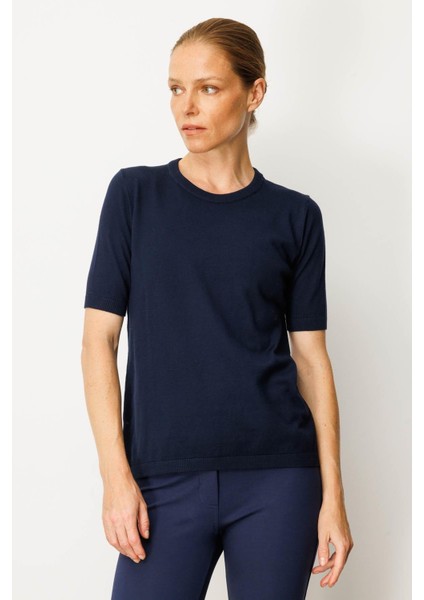 Kadın Sıfır Yaka Kısa Kollu Düz Bluz Lacivert