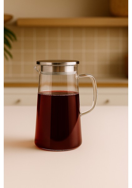 Çelik Kapaklı Cam Meşrubat Sürahi & Karafı Isıya Dayanıklı Borosilikat Sürahi Içecek Servisi 1,5l