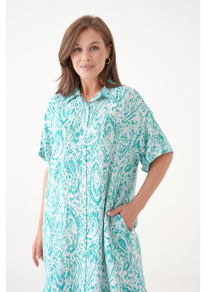 Kadın Gömlek Yaka Önden Düğmeli Kısa Kol Yazlık Desenli Büyük Beden Curve Yazlık Dokuma Elbise fırsatları