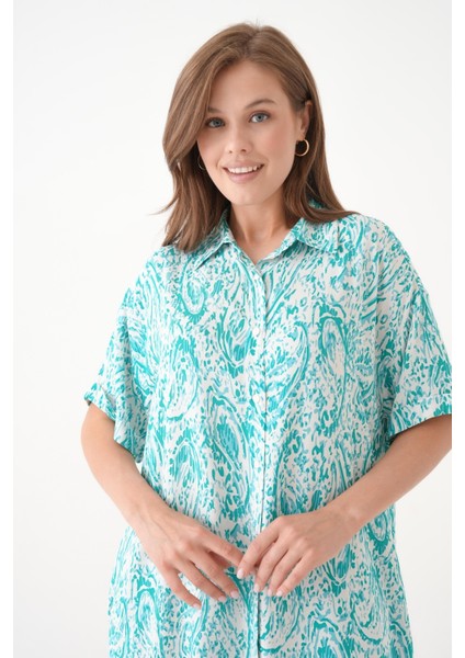 Kadın Gömlek Yaka Önden Düğmeli Kısa Kol Yazlık Desenli Büyük Beden Curve Yazlık Dokuma Elbise indirimleri