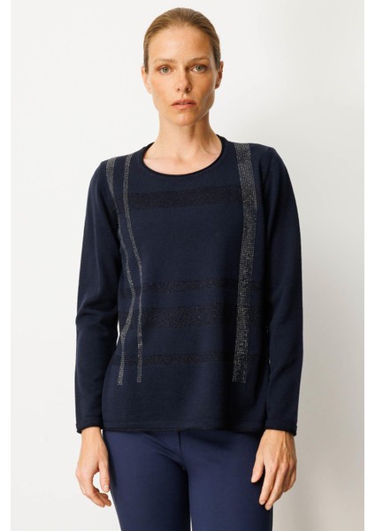 Kadın Sıfır Yaka Sim Çizgili Taşlı Yün Bluz K.lacivert