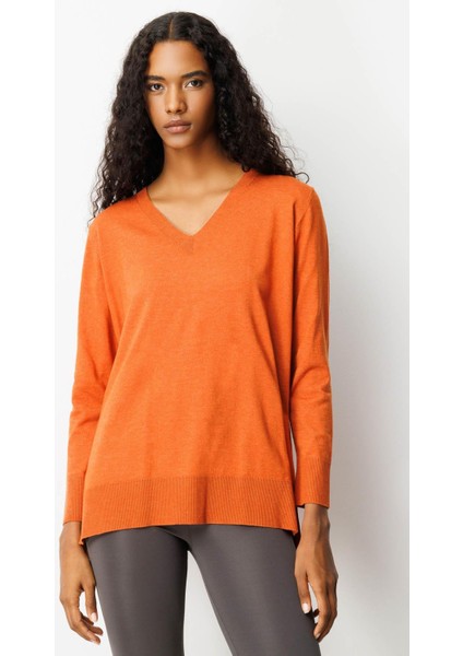 Kadın V Yaka Önü Arkası Yırtmaçlı Kazak Turuncu