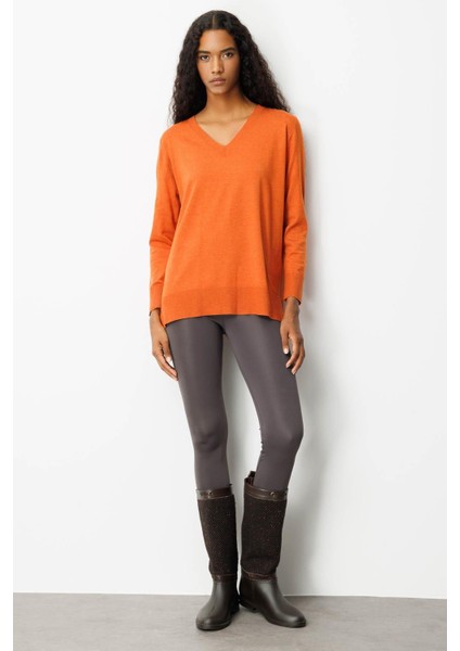 Kadın V Yaka Önü Arkası Yırtmaçlı Kazak Turuncu indirimleri