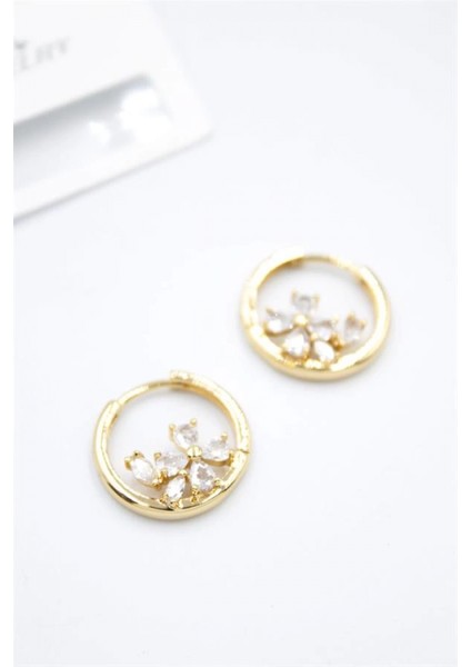 Taşlı Çiçek Küpe - Altın