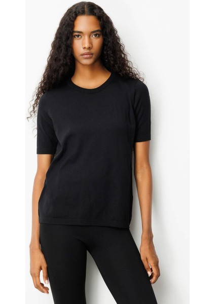 Kadın Sıfır Yaka Kısa Kollu Düz Bluz Siyah