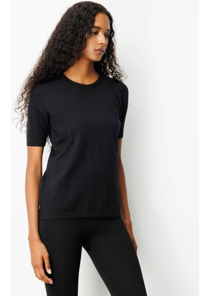 Kadın Sıfır Yaka Kısa Kollu Düz Bluz Siyah modelleri