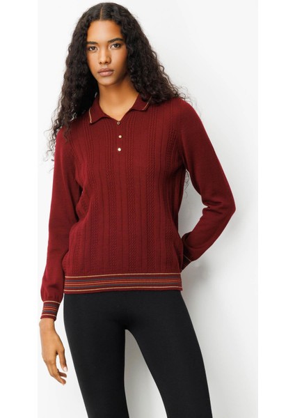 Kadın Polo Yaka Simli Çizgili Yün Bluz Bordo