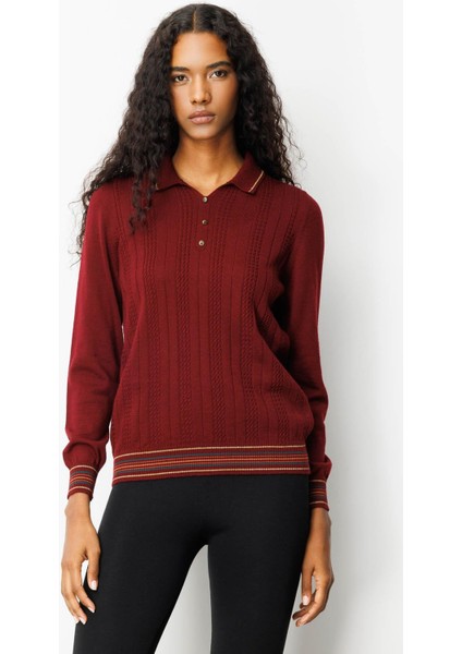 Kadın Polo Yaka Simli Çizgili Yün Bluz Bordo fiyatları
