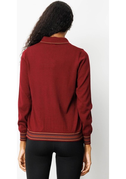 Kadın Polo Yaka Simli Çizgili Yün Bluz Bordo modelleri