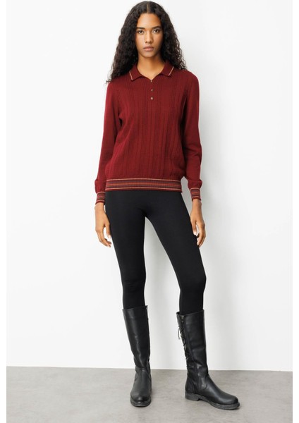 Kadın Polo Yaka Simli Çizgili Yün Bluz Bordo fırsatları