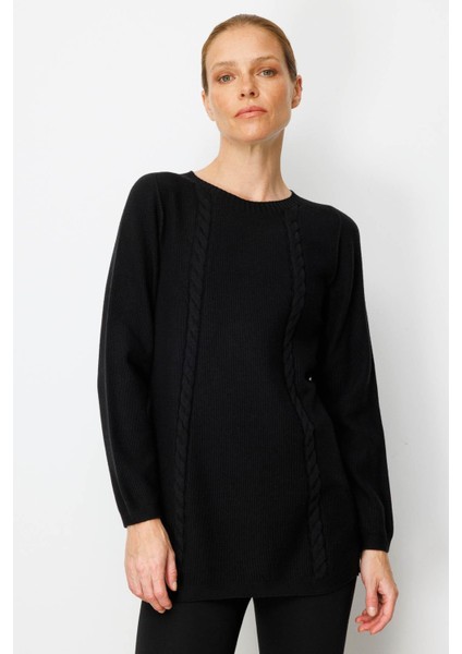Kadın Triko Yanı Yırtmaçlı Pirinç Örgü Kazak Siyah