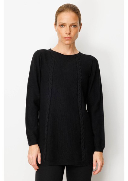 Kadın Triko Yanı Yırtmaçlı Pirinç Örgü Kazak Siyah fiyatları