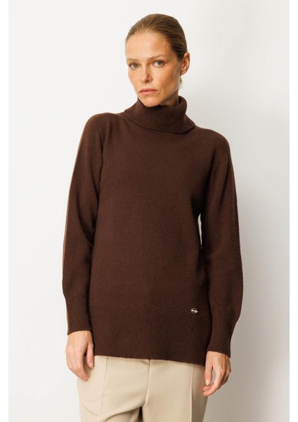 Kadın Tam Balıkçı Yaka Yanı Yırtmaçlı Yün Kazak M.kahve