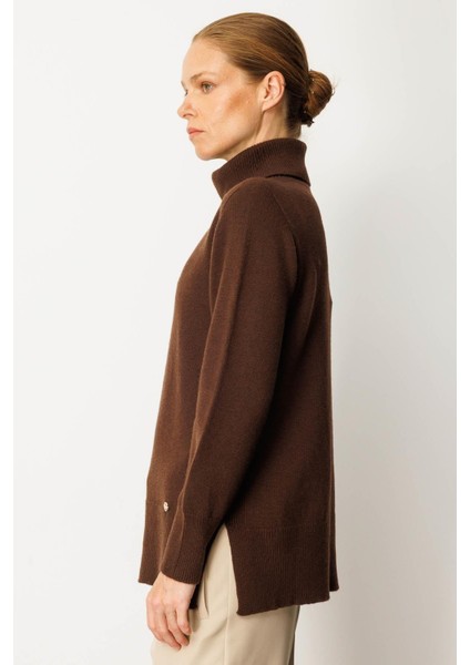 Kadın Tam Balıkçı Yaka Yanı Yırtmaçlı Yün Kazak M.kahve fiyatları