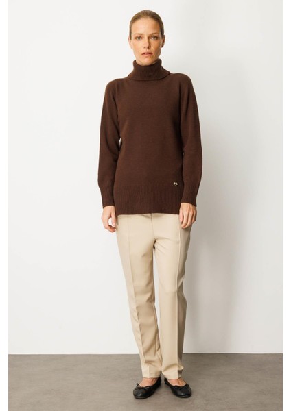 Kadın Tam Balıkçı Yaka Yanı Yırtmaçlı Yün Kazak M.kahve fırsatları