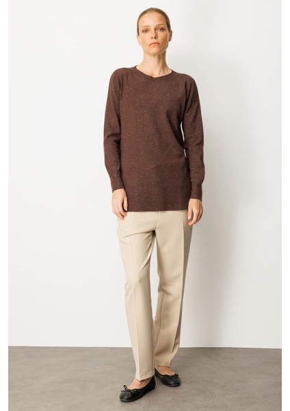 Kadın Sıfır Yaka Dikişsiz Yanları Düğmeli Simli Kazak Kahve fırsatları