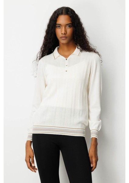 Kadın Polo Yaka Simli Çizgili Yün Bluz Kemik