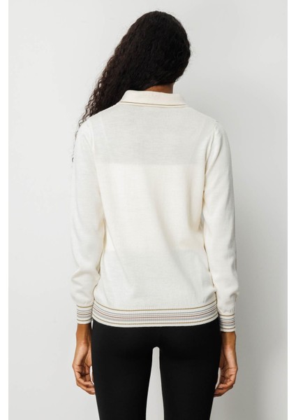 Kadın Polo Yaka Simli Çizgili Yün Bluz Kemik modelleri