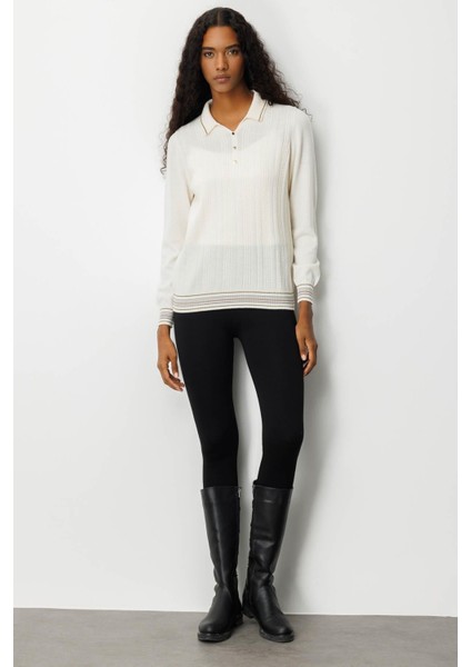 Kadın Polo Yaka Simli Çizgili Yün Bluz Kemik fırsatları