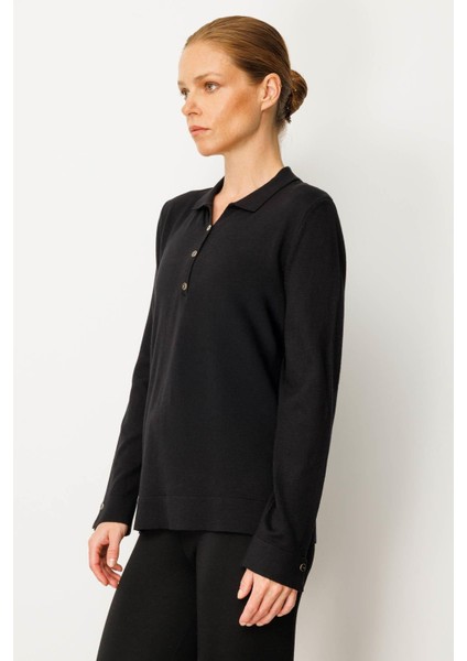 Kadın Polo Yaka Yakası ve Kolu Düğmeli Bluz Siyah fiyatları